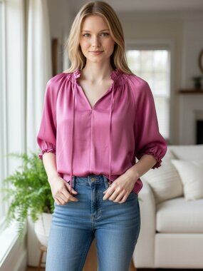 Bishop + Young Pink Satin Blouse Ruffle Neck Size XS